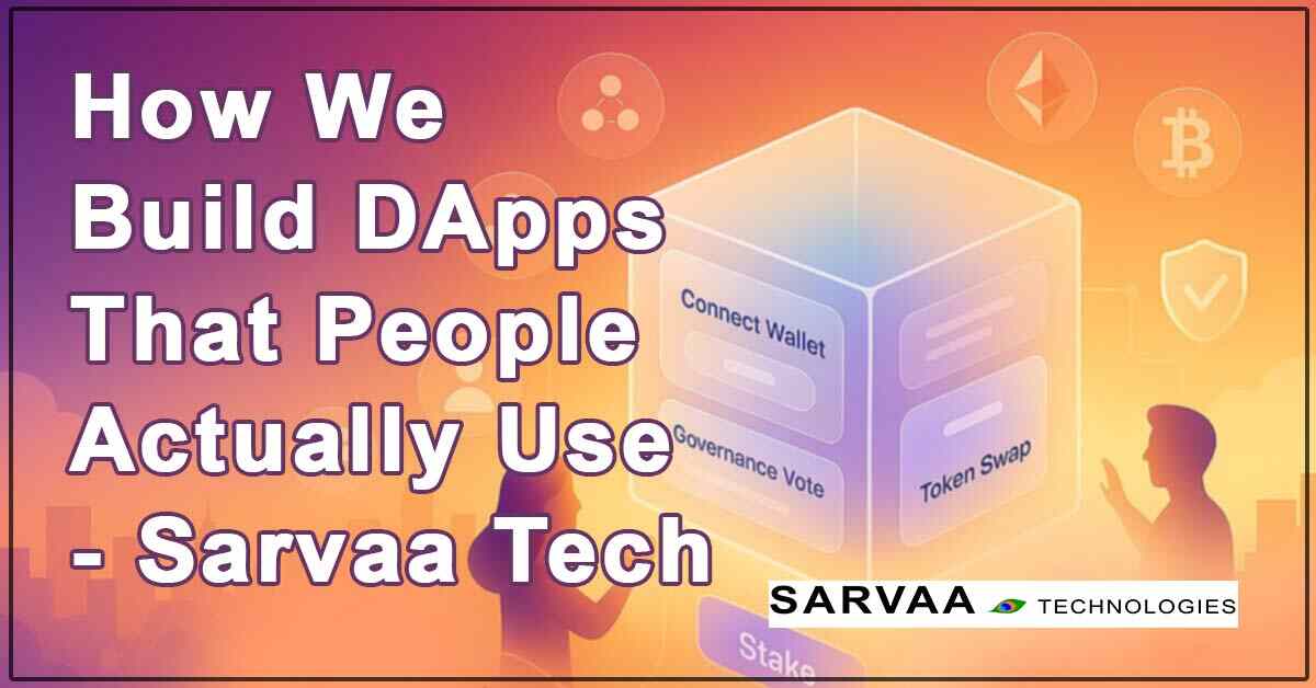 Flat design illustration of a decentralized application interface showing blockchain nodes, smart contract flow, and users interacting securely with a DApp.